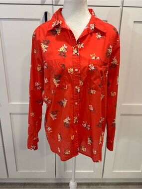 Loft orange cotton lightweight Floral Button-Up Blouse Sz M